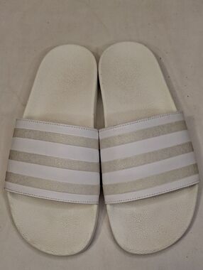 adidas Women's White Slide Sandals with Metallic Silver Stripes. Like New.